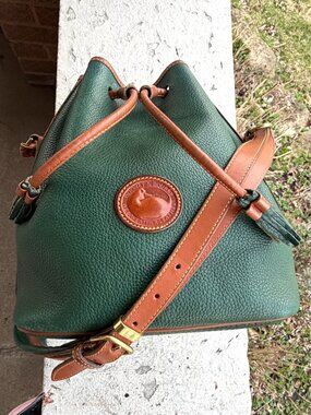 Dooney & Bourke Vintage USA 90s Fir Dark Green Tan Drawstring Duffle Bucket Bag